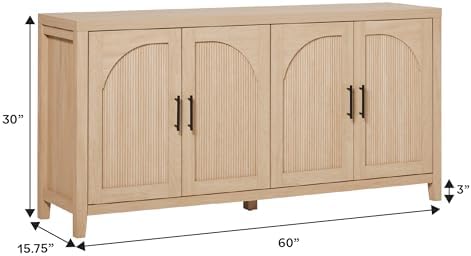 Walker Edison Sasha 4-Door Reeded Sideboard Buffet with Cord Management, 60 Inch, Coastal Oak