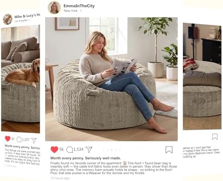 Large Bean Bag Chairs 3FT Big Adults BeanBag Chairs with Filler Memory Foam | Luxurious Braided Fabric,Washable Removable Cover,Comfy Bean Bag with Filling Lounging Gaming Bedroom Dorm Room | Brown 3FT