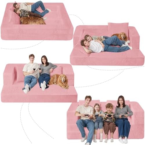 Futon Sofa Bed with Pillow, 3-in-1 Sleeper Sofa Bed with Removable Cover | Convertible Floor Sofa Bed with Memory Foam Filled, No Assembly Couch for Living Room, Bedroom（Pink King）
