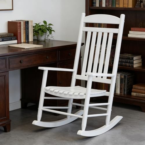 Wooden Outdoor Rocking Chair, Weatherproof Oversized Rocking Chair, Heavy Duty Comfort with 350 lbs Weight Capacity, Solid Relaxing Rocker with High Back for Patio, Porch, Living Room (white)