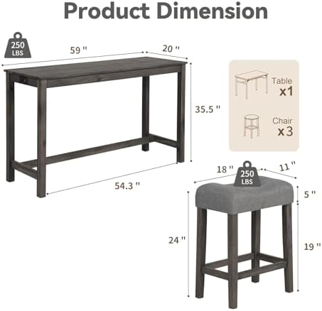 59" Counter Height Bar Table Set with Power Outlet, Industrial Breakfast Table with 3 Padded Stools, 4 Piece Bar Table and Chairs Set for Living Room, Dining Room, Dark Gray