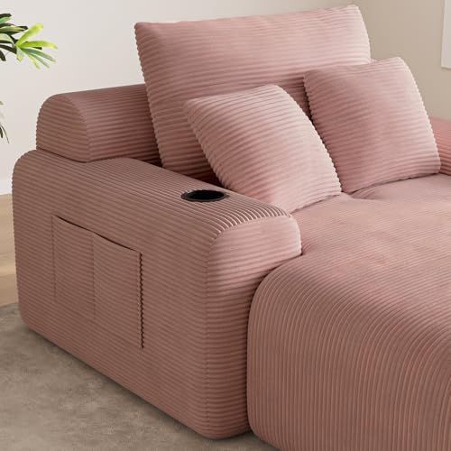69” Oversized Chaise Lounge Chair Indoor, Soft Floor Chaise Lounge Reading Chairs with 4 Side Pockets and 2 Cup Holders, Comfy Corduroy Sleeper Sofa Bed for Living Room Bedroom, Pink