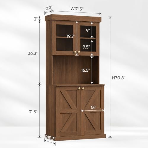 71" Farmhouse Kitchen Pantry Cabinet with Glass Doors, Set of 2 – Dark Brown Freestanding Coffee Bar Hutch with Adjustable Shelves, Large Storage Cabinet with Microwave Stand for Living Room & Kitchen