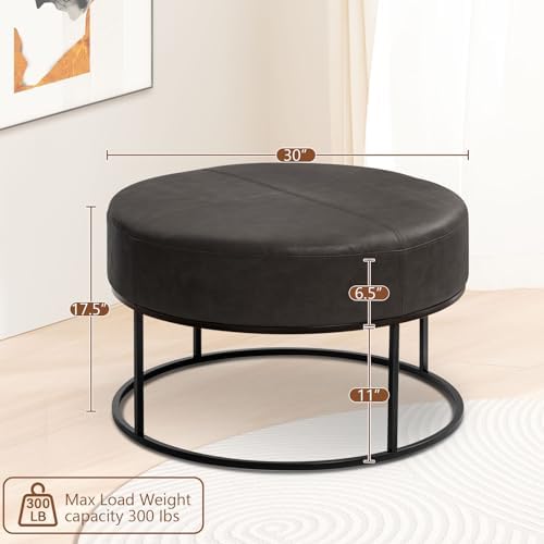 Modern Round Coffee Table, Farmhouse Ottoman for Living Room, Large Vintage Faux Leather Coffee Tables with Leather Upholstered Padded Seat [Round, Vintage Black, 30'']