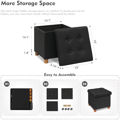 B FSOBEIIALEO Storage Ottoman with Tray, Foot Stools and Ottomans with Legs, Storage Cube Seat Linen Black 15"