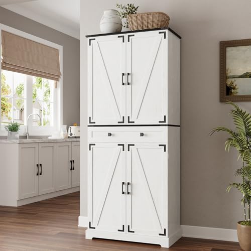 ELYKEN 72" Kitchen Pantry Storage Cabinet with Drawer, 3 Pull Out Shelves | 8 Door Shelves, Tall Pantry Cabinet Organizer, Farmhouse Kitchen Hutch, Pantry Storage Shelves, Dining Room, White