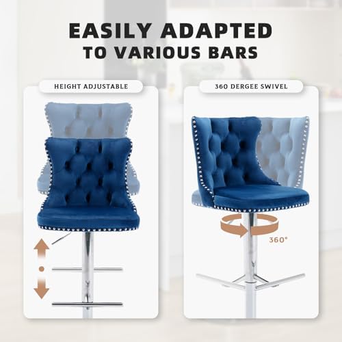 33’’ Velvet Swivel Bar Stools Set of 2 Kitchen Counter Adjustable Height Upholstered Barstools with Silver Leg and Back for Kitchen Island, Bar, Dining Room(Blue-Silver Leg,Set of 2)