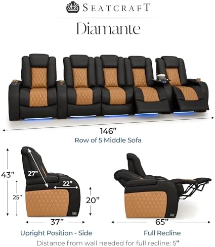 Seatcraft Diamante Black/Tan Oak Italian Leather Home Theater Seating, Zero Gravity Power Recliner, Gaming and Home Office Chair, Powered Headrest Furniture for Cinema Room, Row of 5 Middle Sofa