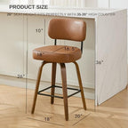 Swivel Bar Stools Set of 3, 26" Counter Height, Brown | Walnut Wood Legs, Upholstered Seat, Supportive Backrest, Easy-Clean Faux Leather, Mid-Century Modern, 4-Inch Cushion