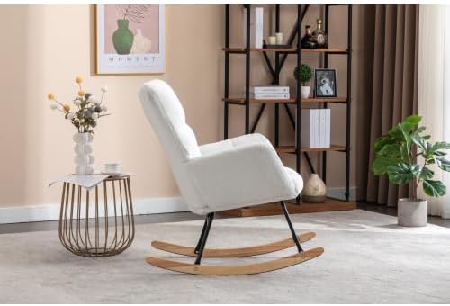 Rocking Chair, Upholstered Teddy Fabric Glider Chairs, Lounge Accent Armchair with Thick Cushion and High Backrest, Accent Rocking Chair for Bedroom, Living Room, Ivory