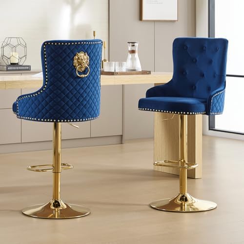 Gold Barstools Set of 4,Velvet Swivel Bar Height Stools with Lion Pull Ring,Upholstered Counter Height Stools with Tufted Back,Modern Adjustable Bar Chairs for Kitchen Island/Cafe, Navy Blue