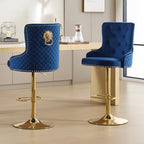Gold Barstools Set of 4,Velvet Swivel Bar Height Stools with Lion Pull Ring,Upholstered Counter Height Stools with Tufted Back,Modern Adjustable Bar Chairs for Kitchen Island/Cafe, Navy Blue