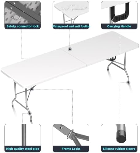 Folding Table Picnic Table, 8 ft Camping Table with Handle and Safety Locks | Foldable Portable Dining Table, Heavy Duty HDPE Plastic, Indoor Outdoor for Camping, Picnic and Party