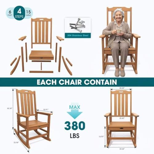 THOEOE Outdoor Rocking Chairs Set of 2, Oversized Patio Rocking Chair | HDPE Outdoor Rockers for Front Porch, Patio, Backyard, Balcony and Garden. All-Weather High Back Design, Wood