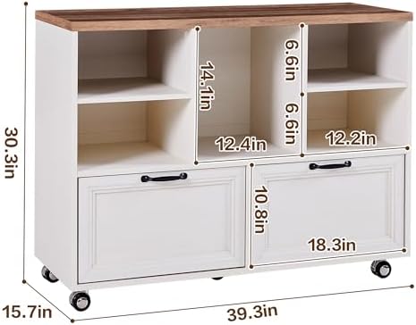 39.3" Farmhouse Wood File Cabinet with Wheels,Small Home Office Storage,Rolling File Cabinet with 2 Drawers for Legal/Letter/ A4 Size