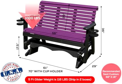 5 FT Purple Amish-Made Porch Glider – 1000 lb Heavy-Duty Poly Lumber wood Roll Back Glider – USA Crafted HDPE Outdoor Seating Furniture - Stainless Steel Hardware – Smooth, Quiet Glide - CupHolders