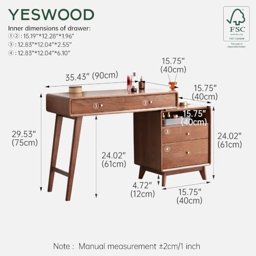 YESWOOD 35''-50'' Extendable Vanity Desk with Dresser, Oak Wood Makeup Table for Girls, Study Desk and Vanity Set for Bedroom, Barthroom, NO Chair