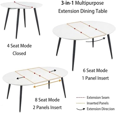 Round to Oval Extendable Dining Table for 4-8, 43" -75" Expandable Kitchen Table with Dual Extension Leaves, White Tabletop & Black Metal Legs, Space-Saving Modern Dining RoomTable, Easy Assembly