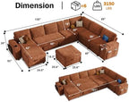 Vipbear 130" Modular Sectional Sleeper Sofa with Pull Out Bed, 9 Seat Chenille U Shaped Couch with Ottoman and Chaise|USB Ports|Cup Holders|Side Table, Tool Free Assembly, Orange
