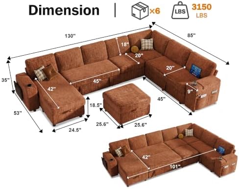 Vipbear 130" Modular Sectional Sleeper Sofa with Pull Out Bed, 9 Seat Chenille U Shaped Couch with Ottoman and Chaise|USB Ports|Cup Holders|Side Table, Tool Free Assembly, Orange