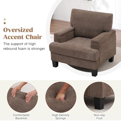 Modern Upholstered Living Room Chairs, Accent Chair with Storage Armrest, Comfy Large Armchair, Fabric Single Sofa ReadingChair for Bedroom, Dark Brown