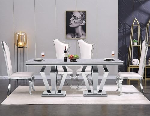 ACEDÉCOR Dining Chairs, White Faux Leather Dining Chairs Set of 6, Gorgeous Streamlined High Back Chair with Silver Mirror Curved and X-Shaped Stainless Steel Legs