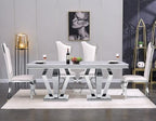 ACEDÉCOR Dining Chairs, White Faux Leather Dining Chairs Set of 6, Gorgeous Streamlined High Back Chair with Silver Mirror Curved and X-Shaped Stainless Steel Legs