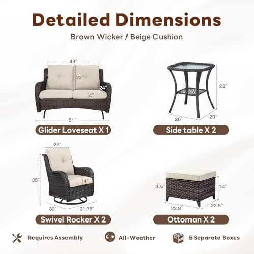 Belord 7 Piece Wicker Patio Furniture Set, Outdoor Swivel Rocker Chairs Set of 2 with Ottomans and Loveseat, All Weather Patio Conversation Furniture Set, for Pool,Yard,SunroomBrown Wicker/Beige