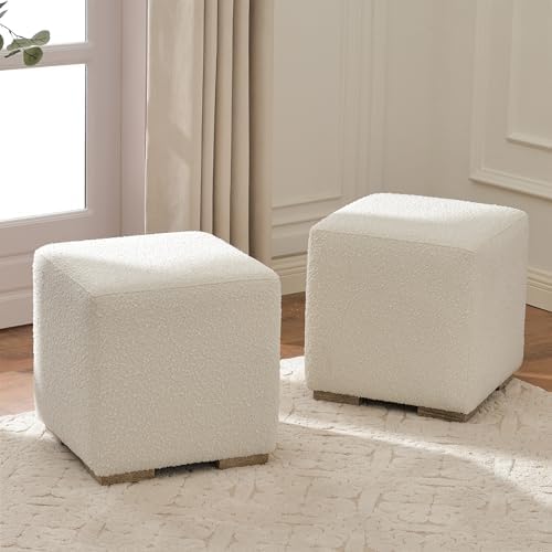 KINWELL 18.5" Wide Modern Square Boucle Ottoman Set of 2 | Cube Ottoman with Solid Wood Legs , Multi-Functional Sofa Footrest, Extra Seating for Living Room, Bedroom, Fully Assembled