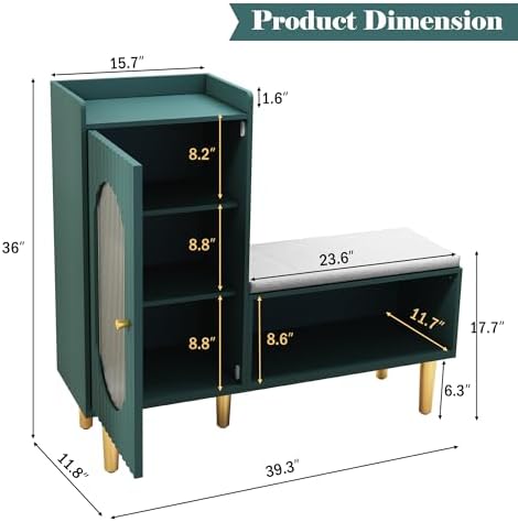 HLR Shoe Storage Bench with Glass Door&Shelf, L-Shaped Shoe Cabinet, Green | Modern Entryway Shoe Organizer with Padded Seat, Storage Cabinet for Hallway, Bedroom, Living Room, Office