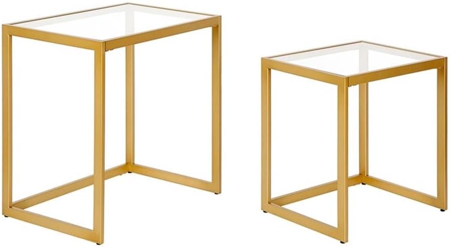 MAKLAINE Contemporary Metal/Tempered Glass Side Table, 22 in, Brass Finish, Handcrafted Steel Frame, Rectangle Shape, Set of 2, Living Room Accent Table