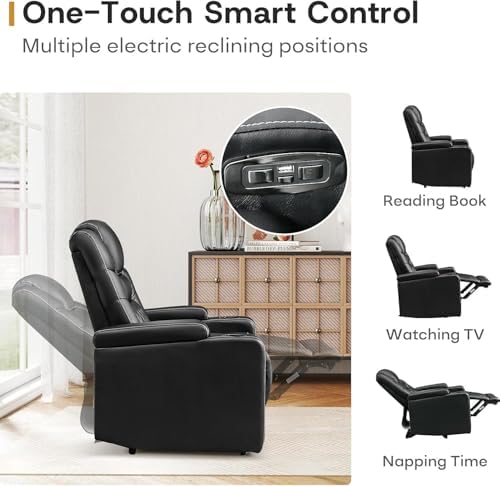 ANJ Power Home Theater Recliner Chair Set of 2, Electric Movie Theater Seating Reclining Chairs with Cup Holders for Living Room, Faux Leather with Blue LED, USB Ports, Hidden Arm Storage (Black)