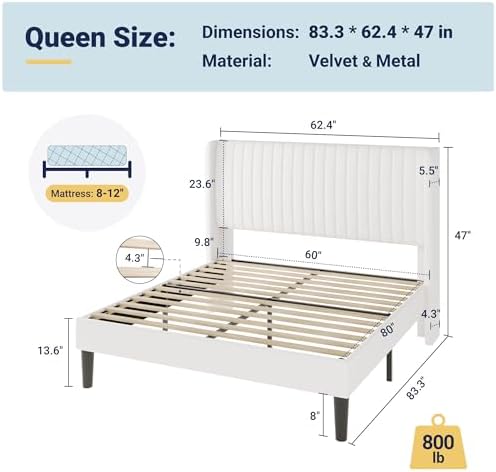 Allewie Queen Size Velvet Bed Frame/Vertical Channel Tufted Wingback Headboard/Upholstered Platform Bed/Strong Wooden Slats/No Box Spring Needed/Easy Assembly/White