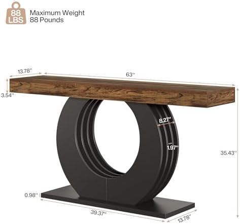 Tribesigns 63-Inch Console Sofa Table, Rustic Industrial Farmhouse Entryway Table, Narrow Long Couch Console Behind Sofa with Black Circle Base for Living Room Hallway, Rustic Brown