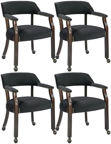 LEEMTORIG Set of 4 Large Dining Chairs with Casters and Arms, Rolling Dining Chairs with Wheels for Elderly, Ergonomic Boss Caption's Chair, 26"Dx25.2"W, Espresso Wood Legs & Black Velvet XXY-HT22-BK