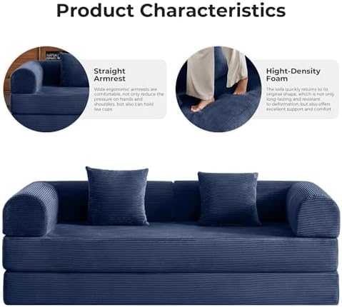 79" Convertible Sofa Bed, Couches for Living Room | Navy Blue | Corduroy Futon Sofa Bed with Pocket Springs, Modular Sleeper Couch in a Box, No Assembly