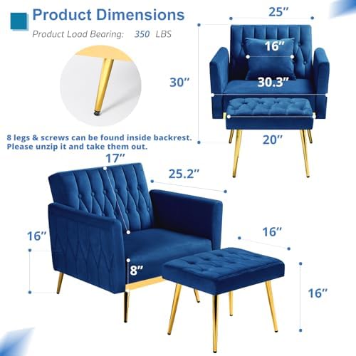 2 Pieces Velvet Sofa Set with Adjustable Armrest and Backrests, Blue | 70” Convertible Futon Sofa Bed & Mordern Accent Chair with Ottoman for Living Room, Bedroom