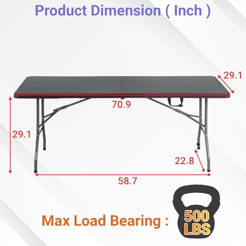 FDW | 6FT Folding Table | Black | Portable Plastic Table | with Carry Handle | Waterproof & Foldable Table Design | Steel Frame with Lock | for Events, Camping, Indoor & Outdoor Use