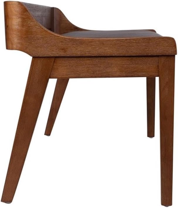 BOWERY HILL Modern Dining Bench, Rubberwood Frame, Chestnut Wire-Brush Finish, Brown Faux Leather Upholstery, 60" Wide, Seats 2, High-Density Foam Cushion, Kitchen or Dining Room Seating