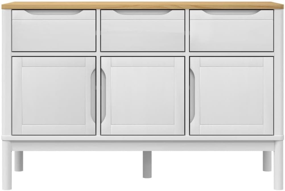 White Sideboard Buffet Cabinet, Solid Pine Wood and Engineered Wood Credenza with 2 Drawers and 3 Doors, Accent Storage Cabinet for Dining Room, Living Room, Hallway, 44.9 Inch
