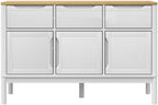 White Sideboard Buffet Cabinet, Solid Pine Wood and Engineered Wood Credenza with 2 Drawers and 3 Doors, Accent Storage Cabinet for Dining Room, Living Room, Hallway, 44.9 Inch