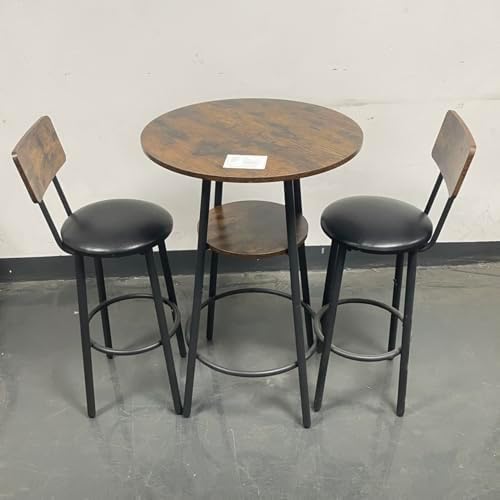 23.6" 3 Piece Round Bar Table and Chair Set with Shelf Rustic Brown | Rustic Brown Particleboard And Black Steel Frame With Integrated Middle Storage Shelf For Small Spaces