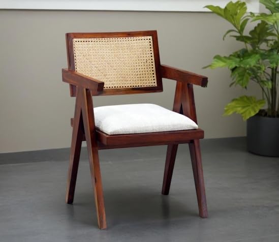 Solid Sheesham Wood Arm Chair with Cushion and Cane Back Support Chair Living Room Bedroom Home Wooden Armchair Furniture Garden Balcony Outdoor & Indoor (Honey Brown)