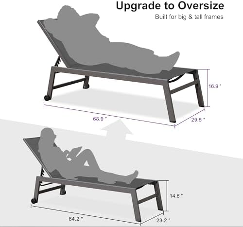 PURPLE LEAF Patio Chaise Lounge Set for 2, Oversize Seat, Grey | Reinforced aluminum frame with angled legs supports up to 320 lbs, providing solid stability without sagging or rocking