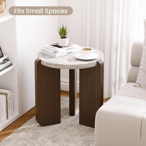 SUNBURY Side Table, Small Round End Table with 3 Legs, Nightstand for Small Spaces, Accent Table with Faux Marble Tabletopn for Living Room, Bedroom