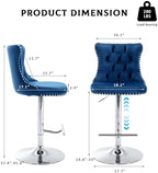 33’’ Velvet Swivel Bar Stools Set of 2 Kitchen Counter Adjustable Height Upholstered Barstools with Silver Leg and Back for Kitchen Island, Bar, Dining Room(Blue-Silver Leg,Set of 2)