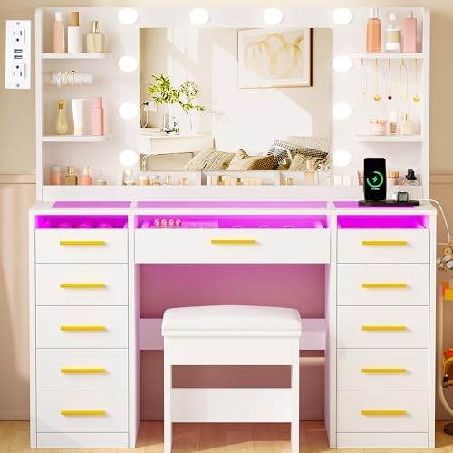 Large Makeup Vanity with Mirror and Lights, 11-Drawer RGB Vanity