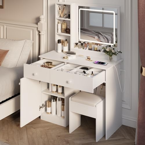 Dressing Table Set, Large Storage Space vanity with Mirror, Power Outlet, Makeup Vanity Bench with 2 Drawers Cushioned Stool for Beauty Storage & Cosmetics, Vintage Vanity Desk for Women (White)