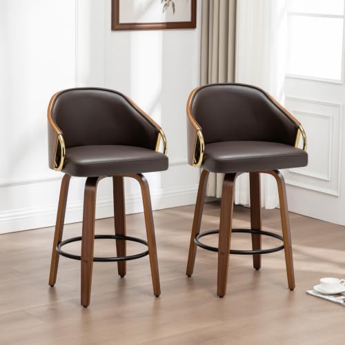 24.8" Swivel Counter Height Bar Stools Set of 2,Brown Leather Barstools Mid Century Modern Bar Chairs with Wood Legs and Golden Arms for Kitchen Dining Pub Cafe
