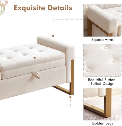 67" Storage Bench for Bedroom, End of Bed Bench King Size, Cream | Double Lids Storage Ottoman Bench with Golden Legs, Upholstered Velvet Bench for Foot of Bed Window Living Room Entryway